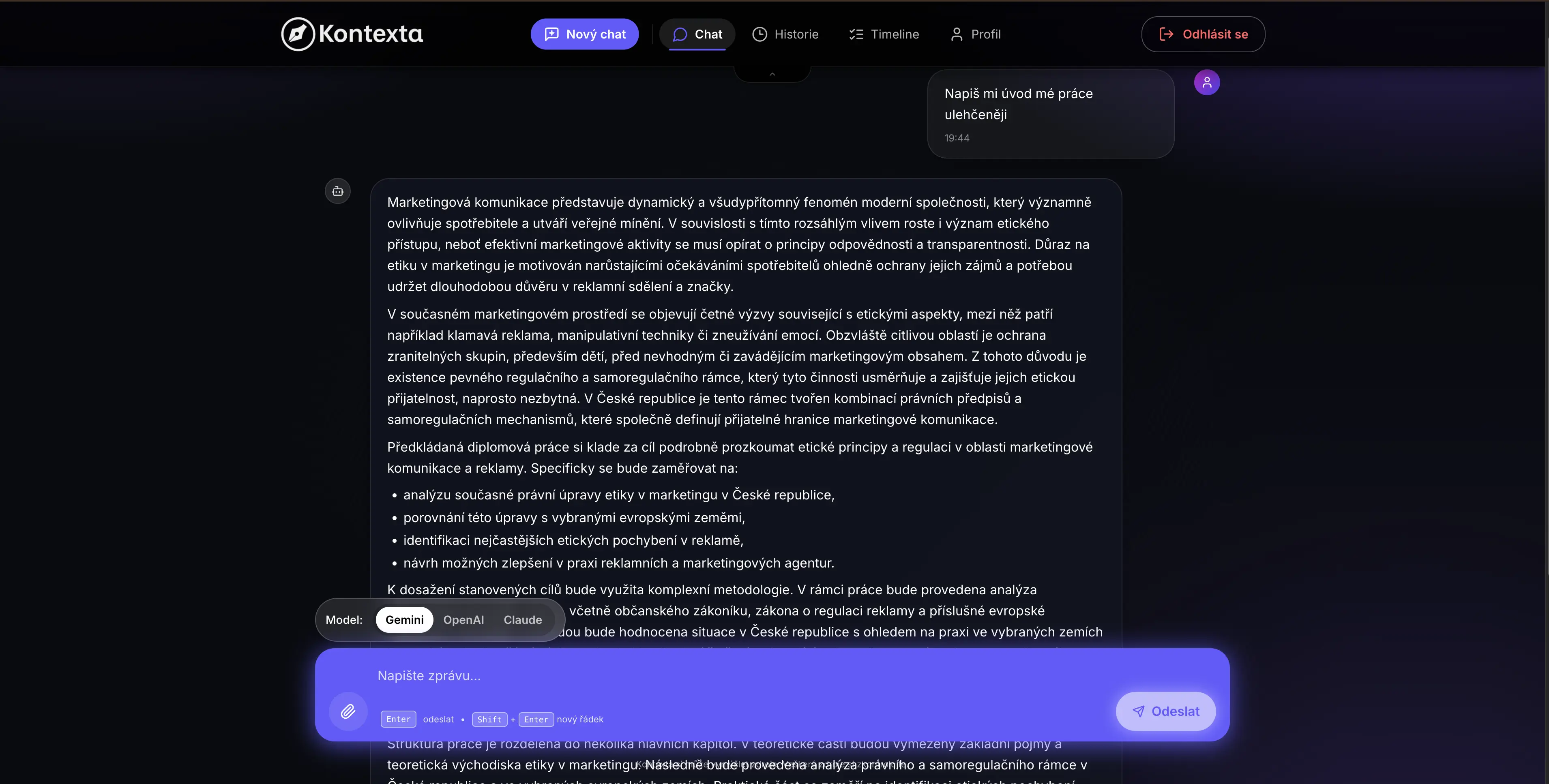Ukázka psaní textu v aplikaci Kontexta